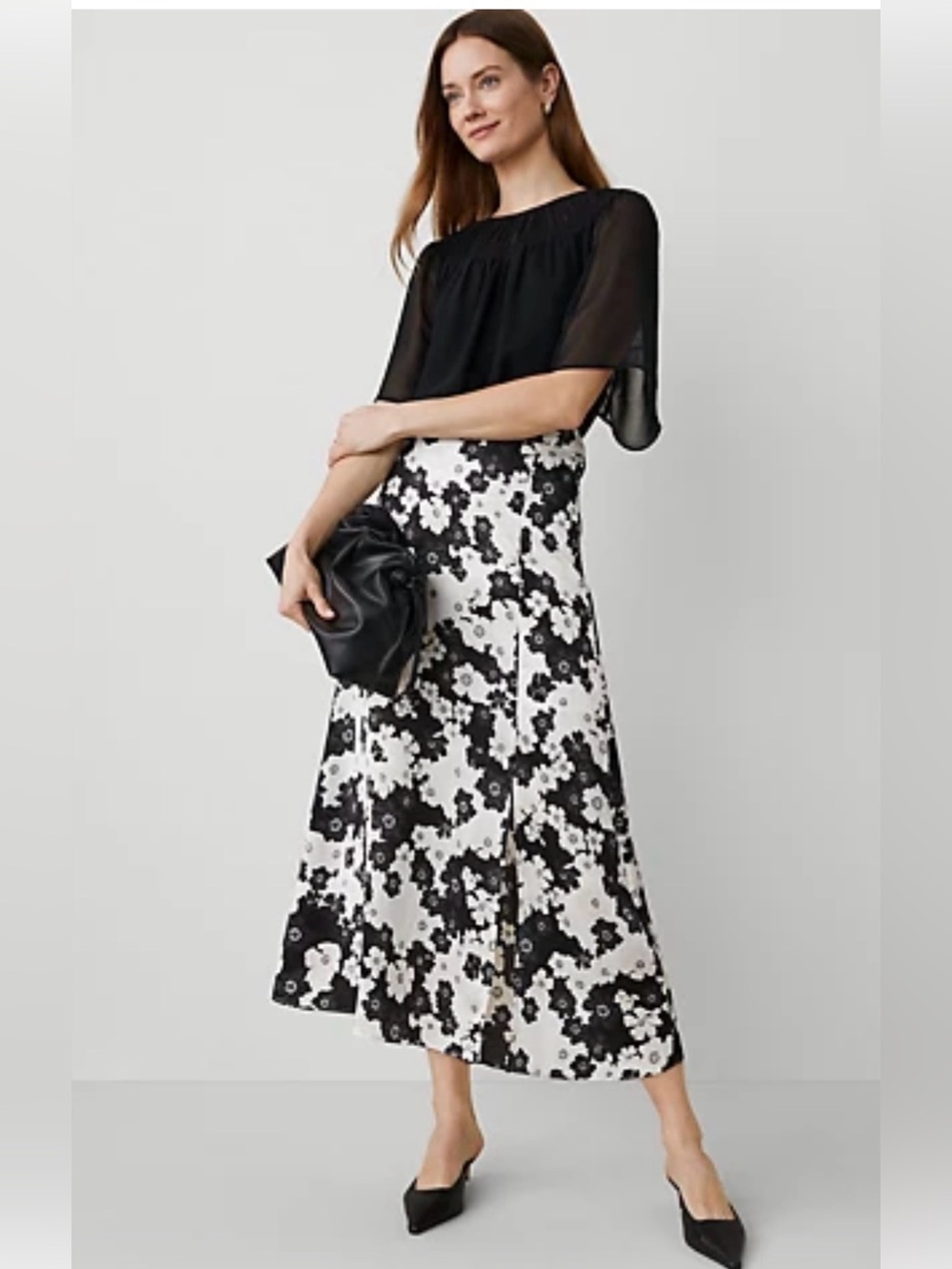 NWOT- Ann Taylor Satin Black, White and Tan Floral Skirt